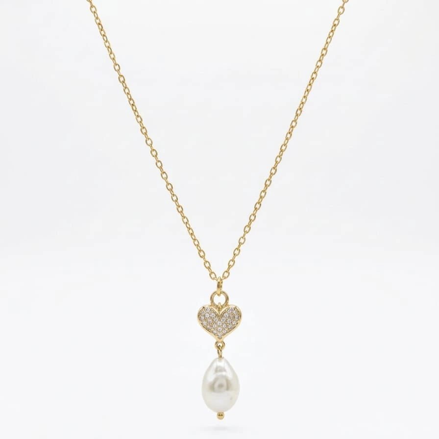 Essenza materna collana artigianale placcata oro con perla naturale e cuore - OE!