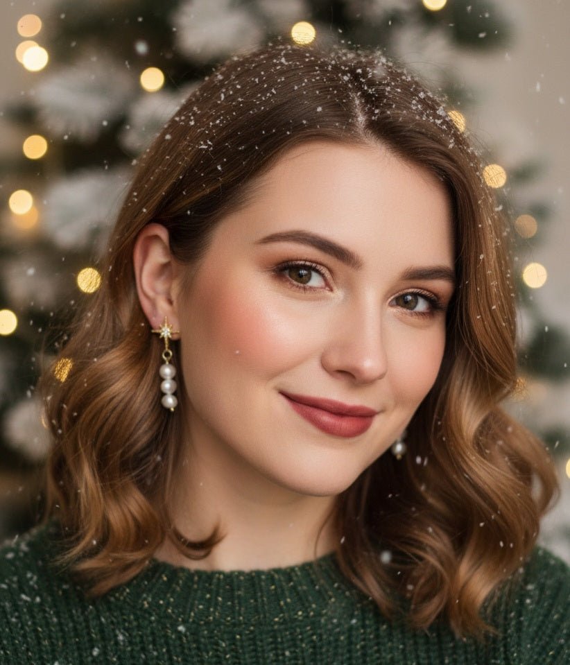 Fiocco di neve - Lussuosi Orecchini Natale Pendenti Made in Italy - Fiocco di Neve, Zirconi &amp; Perle di Fiume - OE!