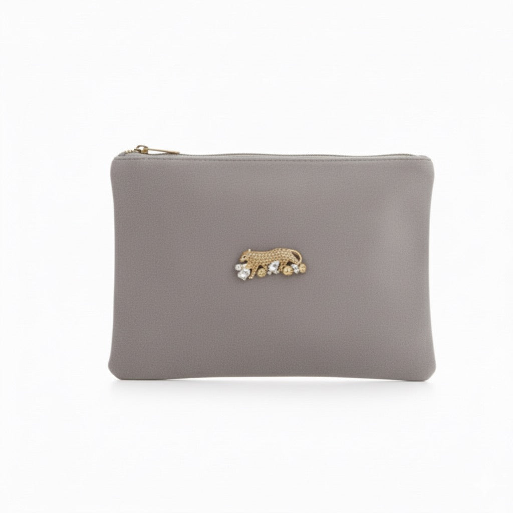 GHEPARDO - Pochette Velluto Grigio Tortora Artigianale Made in Italy con Spilla Ghepardo Staccabile - OE!