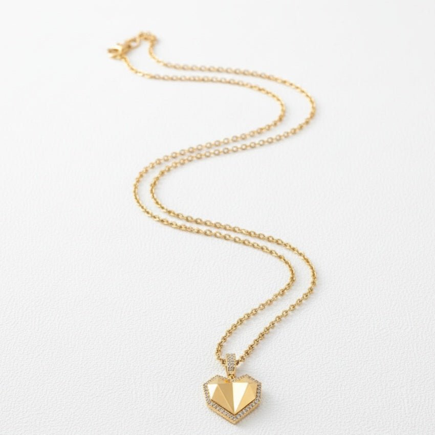 Golden Heart - Collana Lunga Cuore Zirconi Oro 18K - Acciaio Inox, Regalo Natale Made in Italy - OE!
