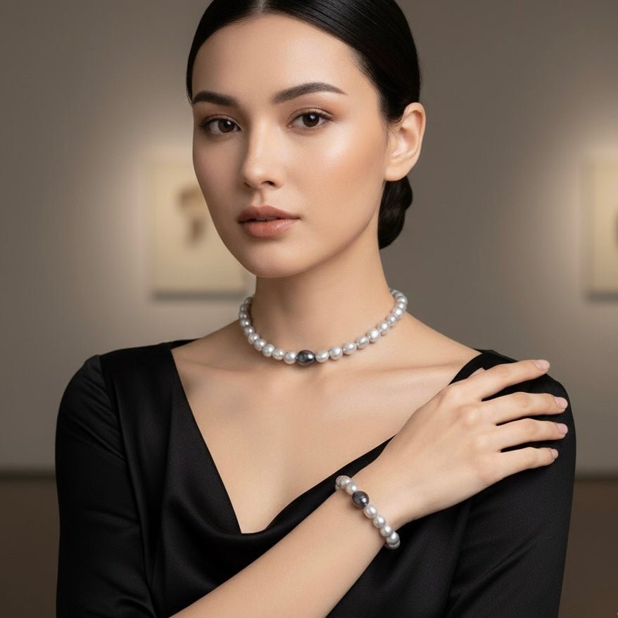 GRIGIO D’OMBRA - Choker con perle di fiume grigio chiaro e perla centrale scura - OE!