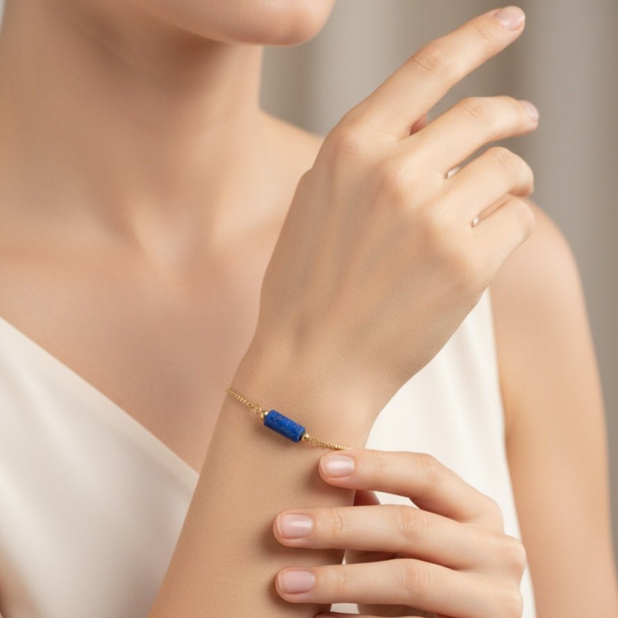 Lapì - Bracciale Acciaio Inossidabile Placcato Oro 18K Regolabile - Pietra Naturale Centrale Lapislazzuli Artigianale Made in Italy - OE!