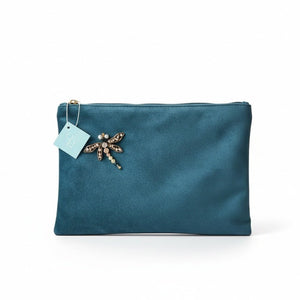 LIBELLULA - Pochette Velluto Blu Petrolio Artigianale Made in Italy con spilla staccabile Libellula - OE!