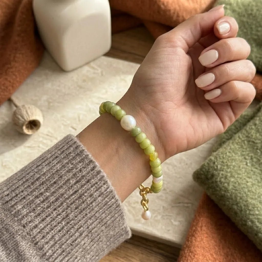 Luce di ginkgo bracciale artigianale con perle e giada placcato oro 18k - OE!