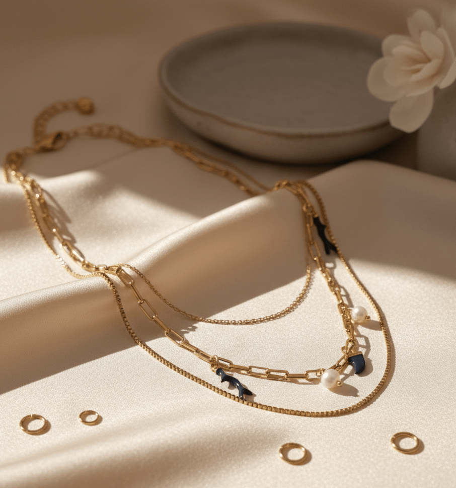 Mito partenopeo collana acciaio oro 18K charms neri e perla