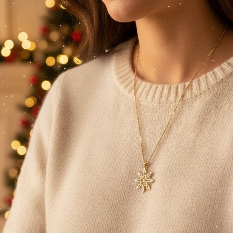 NEVE Collana Lunga Tubolare Oro 18K &amp; Zirconi - Fiocco di Neve Artigianale Italiano - OE!