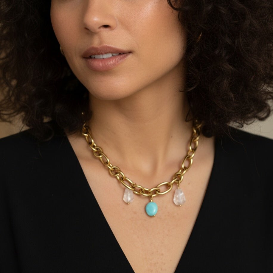 PASSIONE – Collana a catena con grandi pietre di amazzonite e quarzo - OE!