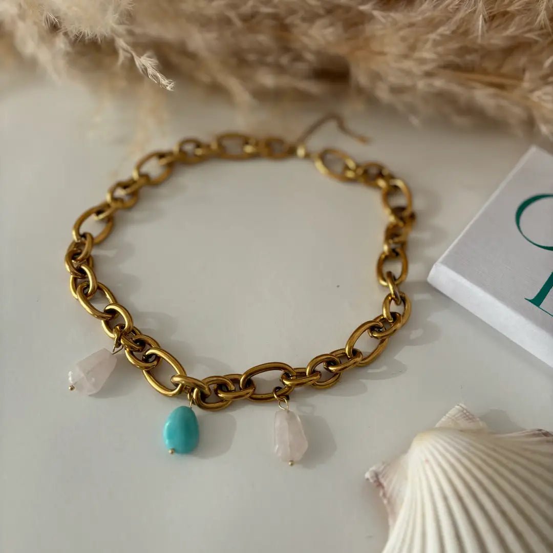 PASSIONE – Collana a catena con grandi pietre di amazzonite e quarzo - OE!