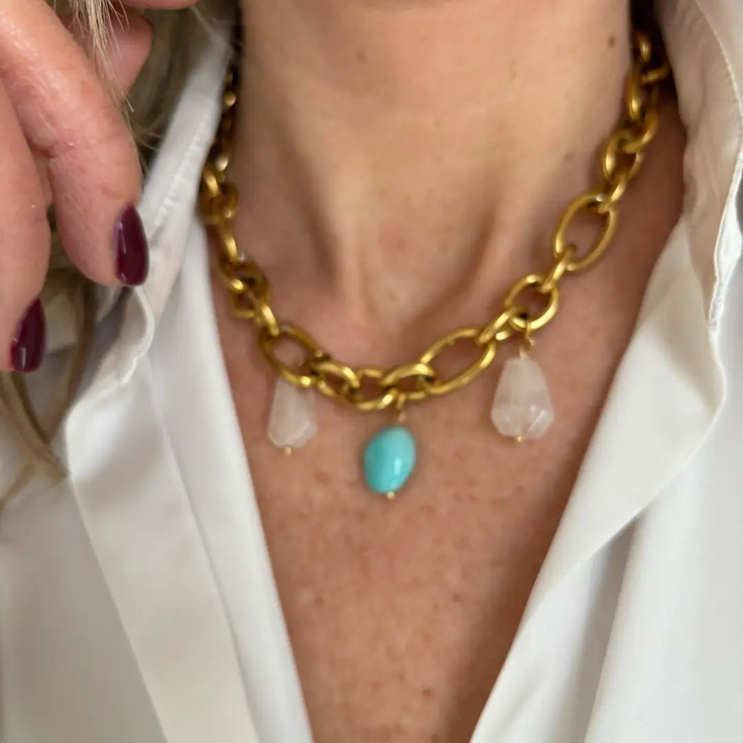 PASSIONE – Collana a catena con grandi pietre di amazzonite e quarzo - OE!