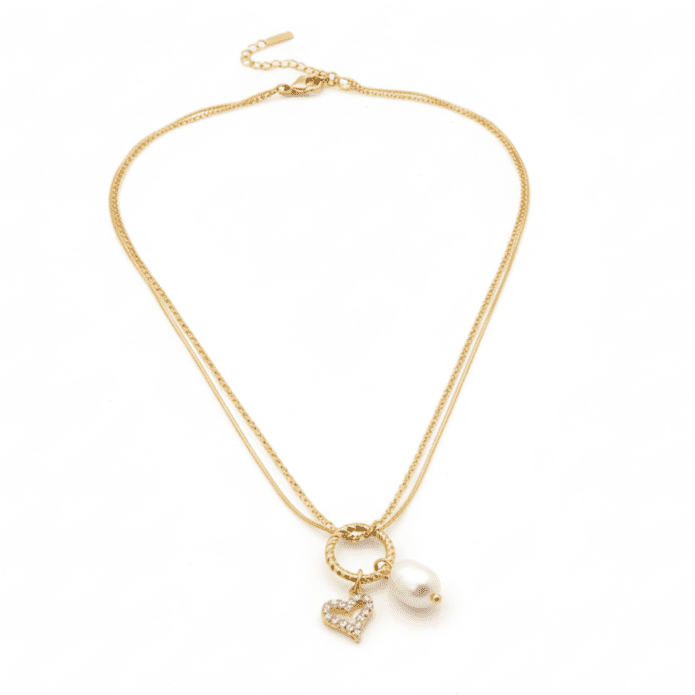 Pearls of Love - Collana Acciaio Oro 18k Nichel Free - Made in Italy Artigianale con Perla e Cuore Zirconi - OE!