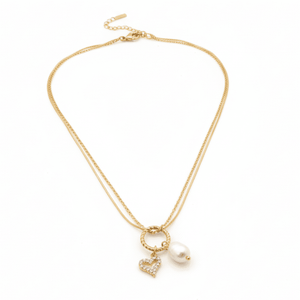 Pearls of Love - Collana Acciaio Oro 18k Nichel Free - Made in Italy Artigianale con Perla e Cuore Zirconi - OE!