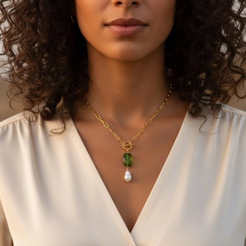 PERIDOT GRACE - Collana Artigianale Peridoto Verde e Perla Naturale - OE!