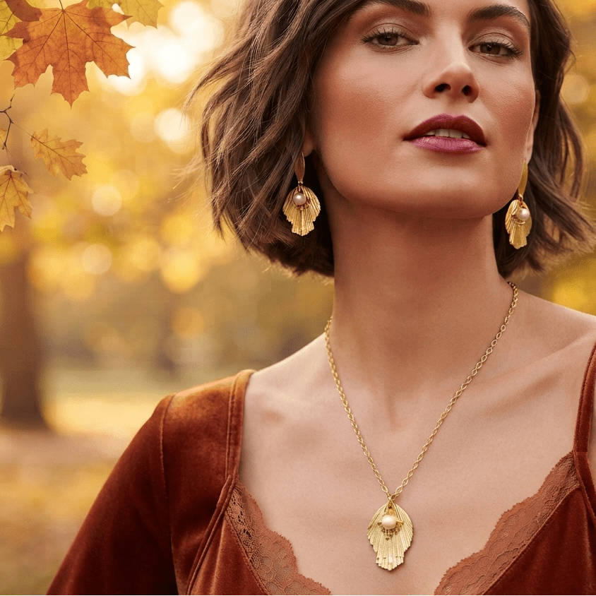 Perla foglia collana lunga artigianale placcata oro 18k - OE!