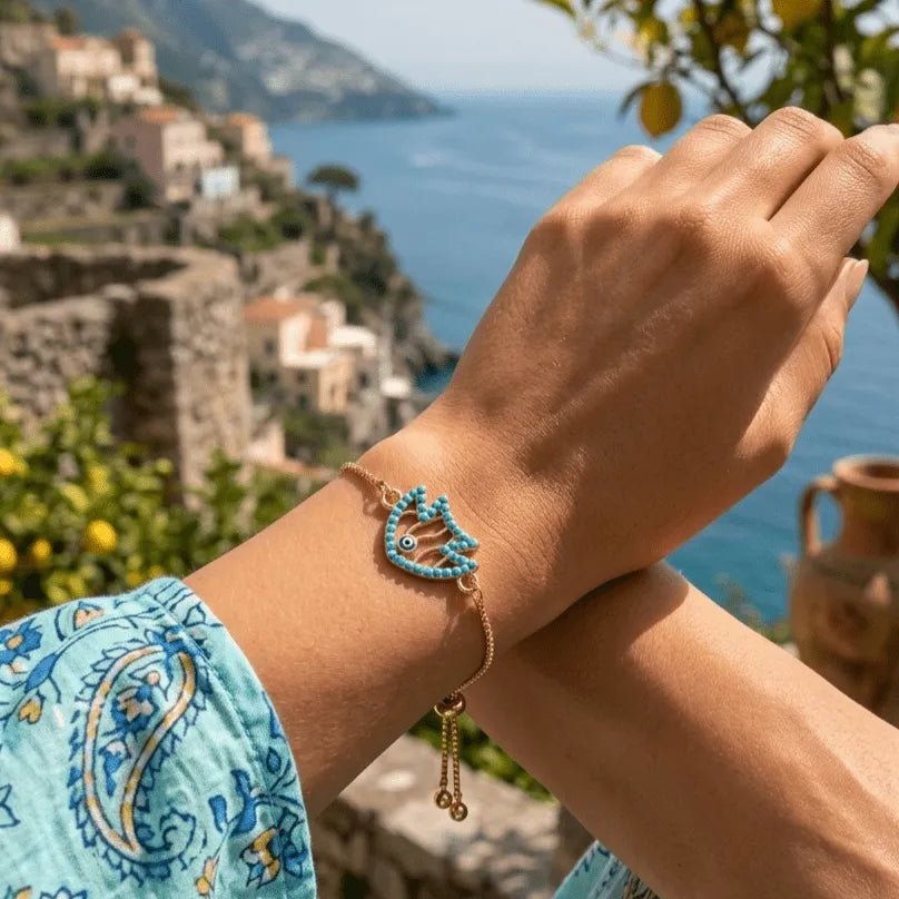 Positano soul bracciale oro 18k e acciaio occhio turco e turchese - OE!