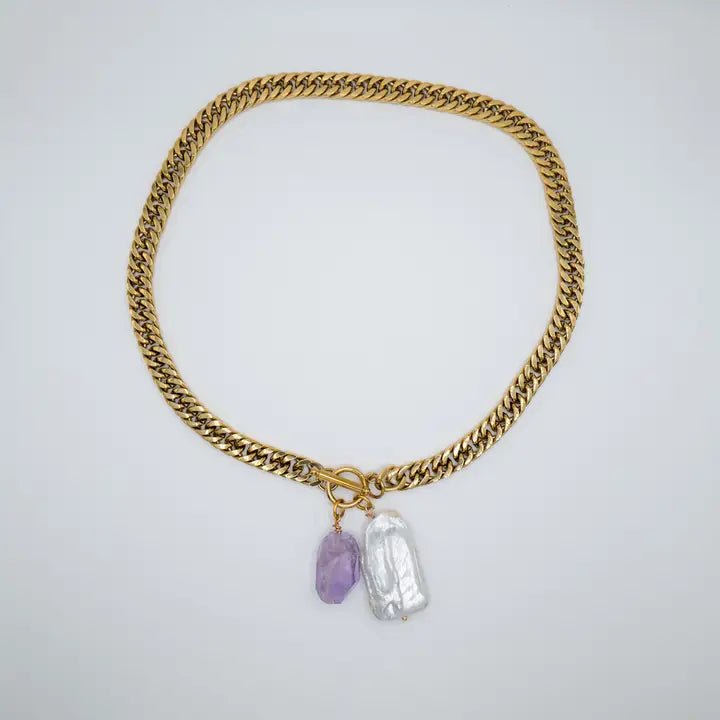 Precious Alchemy - collana a catena con perla ed ametista - OE!