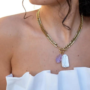 Precious Alchemy - collana a catena con perla ed ametista - OE!