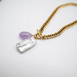 Precious Alchemy - collana a catena con perla ed ametista - OE!