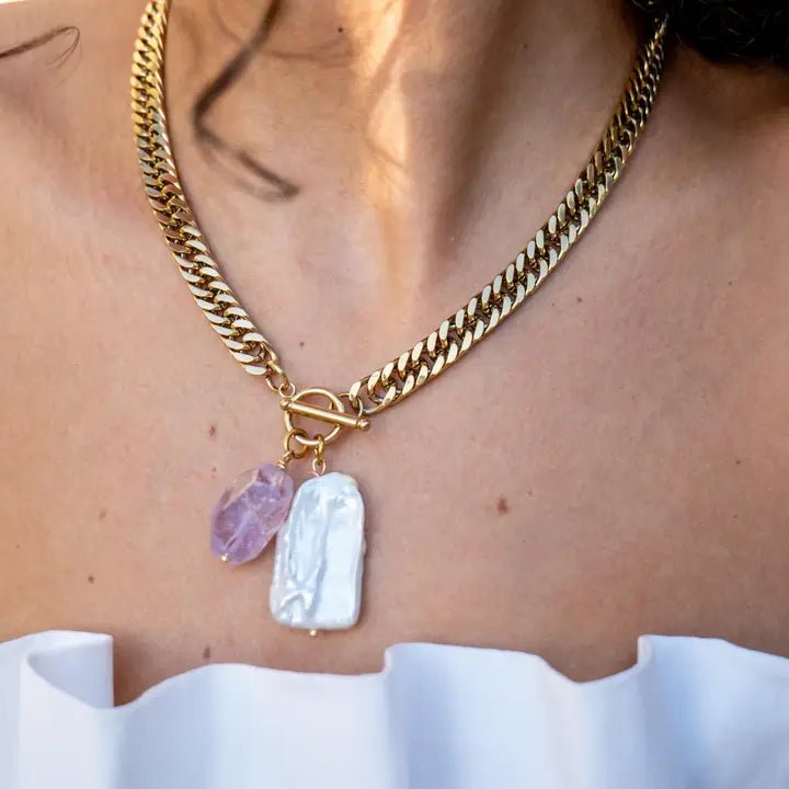 Precious Alchemy - collana a catena con perla ed ametista - OE!