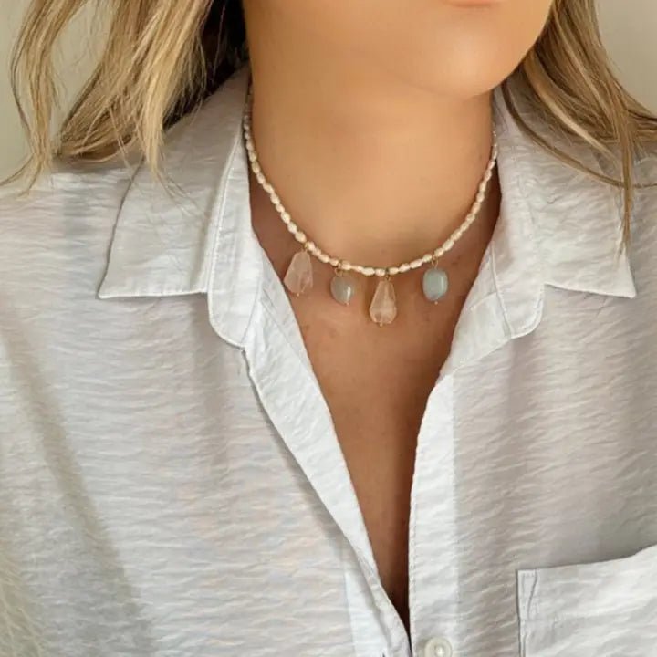 PRIMAVERA – Collana con Acquamarina, Quarzo Rosa e Perle - OE!