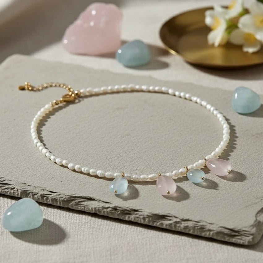 PRIMAVERA – Collana con Acquamarina, Quarzo Rosa e Perle - OE!