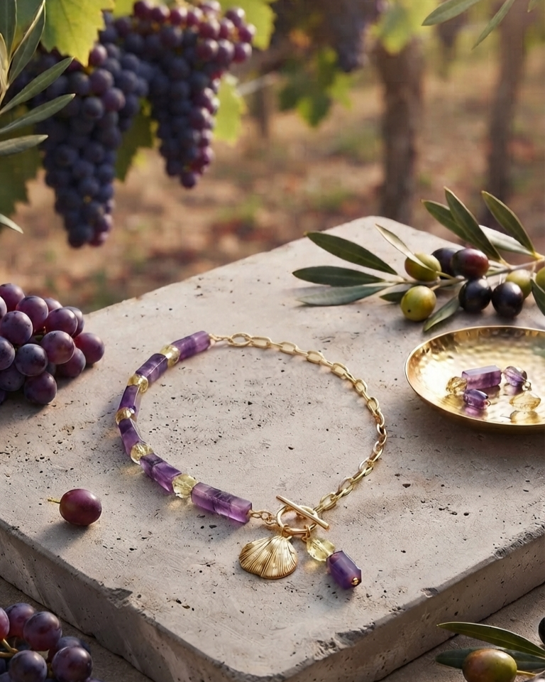 Vigneto collana artigianale placcata oro 18k con ametista e cristalli