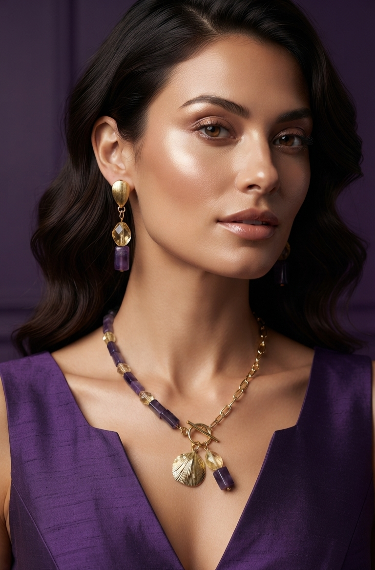 Vigneto orecchini artigianali placcati oro 18k con cristalli e ametista