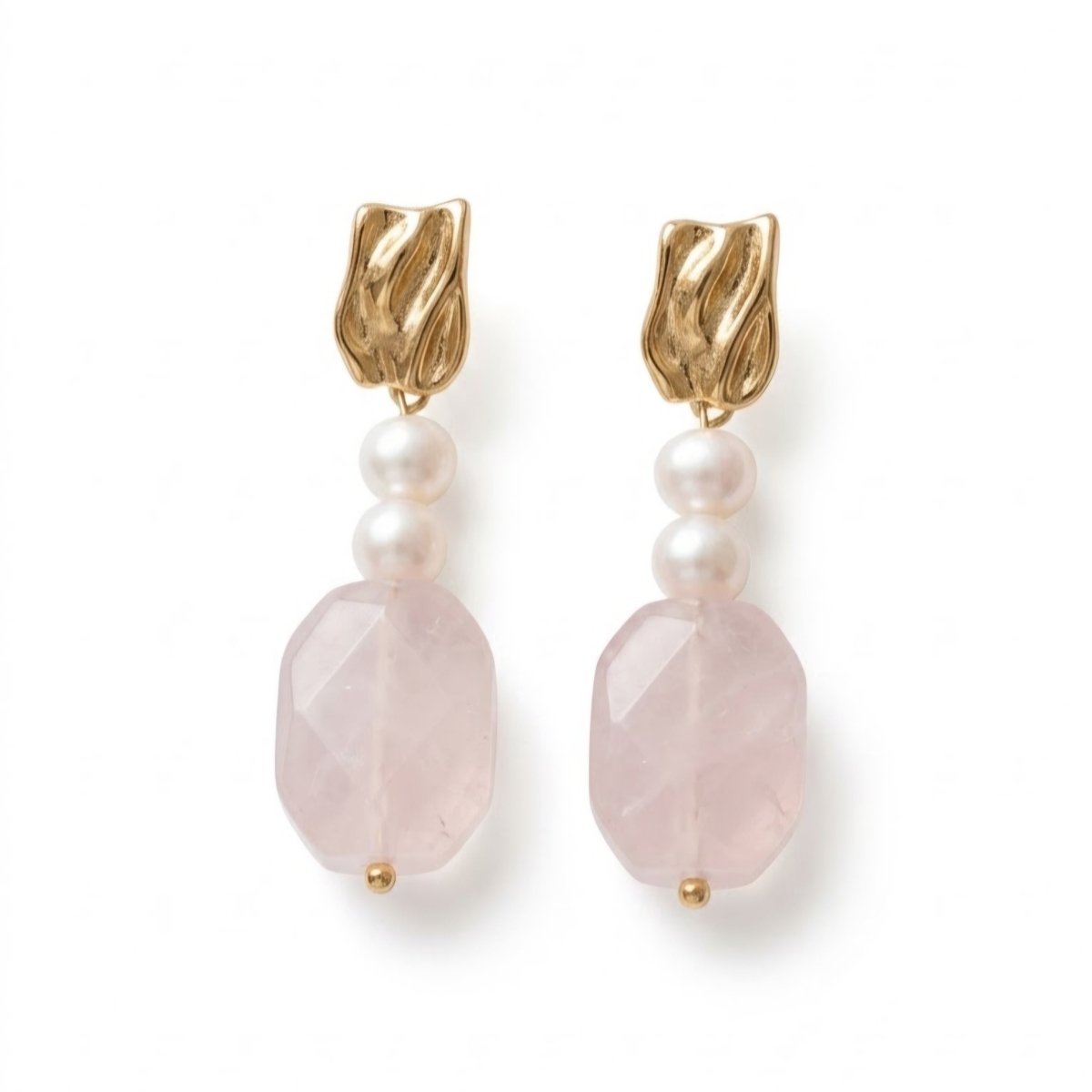 Rose Quartz Leaf orecchini di quarzo rosa naturale e perle - OE!