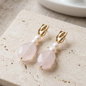 Rose Quartz Leaf orecchini di quarzo rosa naturale e perle - OE!