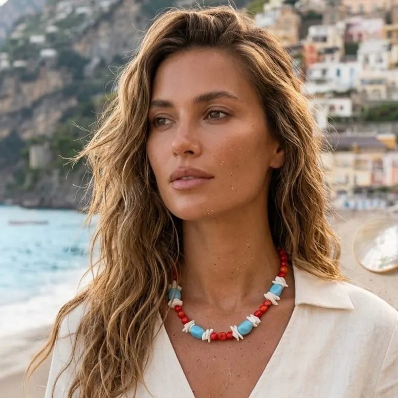 salsedine collana artigianale corallo bamboo turchese madreperla - OE!