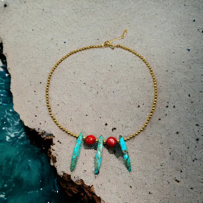 SCHEGGE - Collana con diaspro turchese e corallo bamboo - OE!