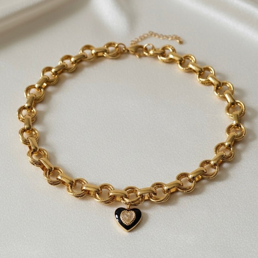 Seraphine – Collana in acciaio oro 18K con cuore nero e zircone - OE!