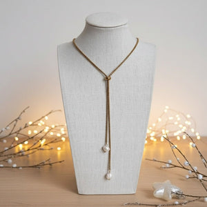 Serpèlia - Collana Saliscendi Acciaio Inox Placcato Oro 18K con Perle Naturali Finali - Regolabile Artigianale Made in Italy - OE!