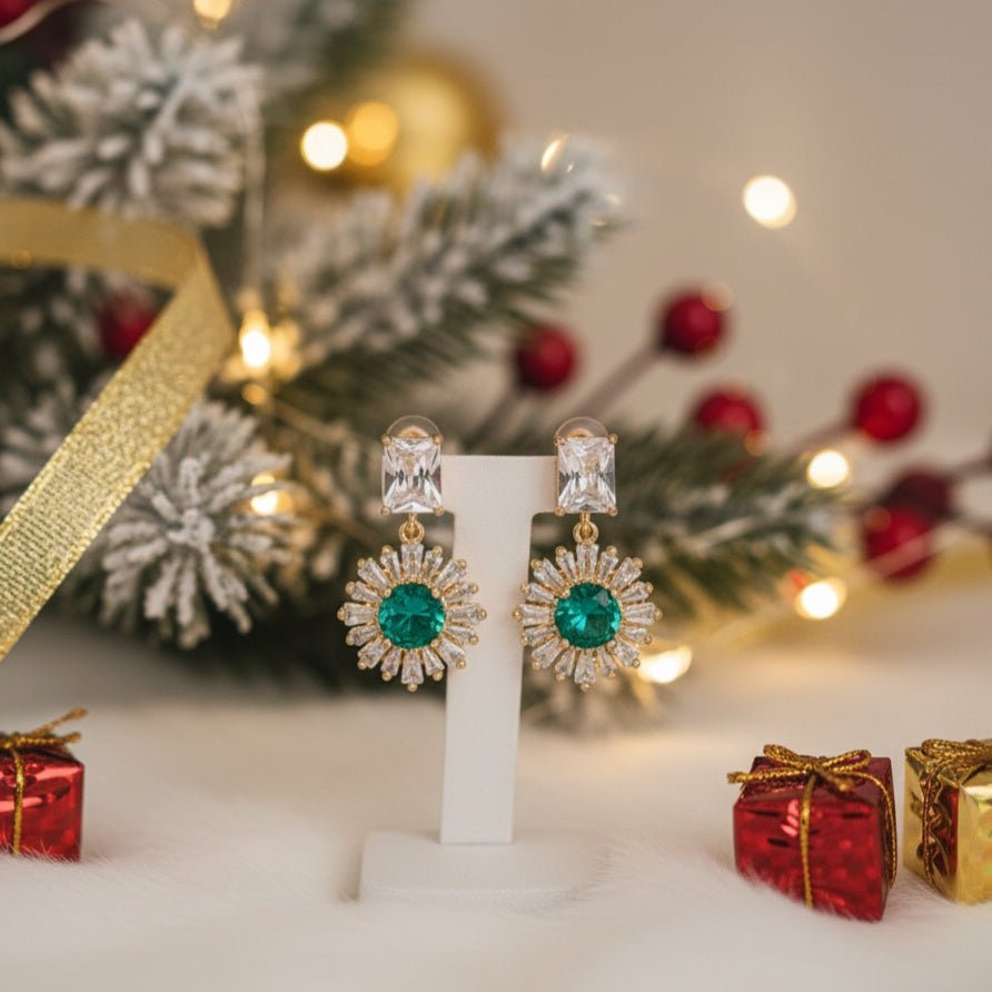 Smeralfiore - Orecchini Pendenti Ottone Natalizi Made in Italy artigianali - Nichel Free Zirconi e Cristallo Verde Smeraldo - OE!