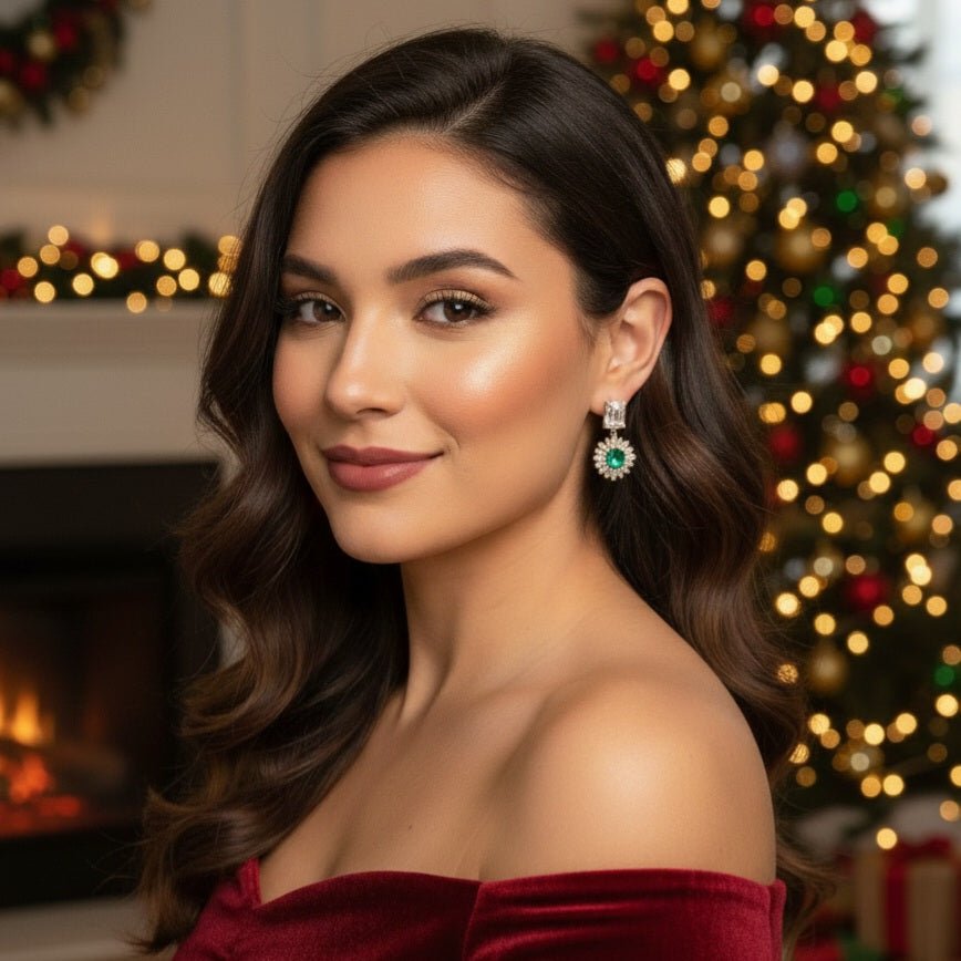 Smeralfiore - Orecchini Pendenti Ottone Natalizi Made in Italy artigianali - Nichel Free Zirconi e Cristallo Verde Smeraldo - OE!