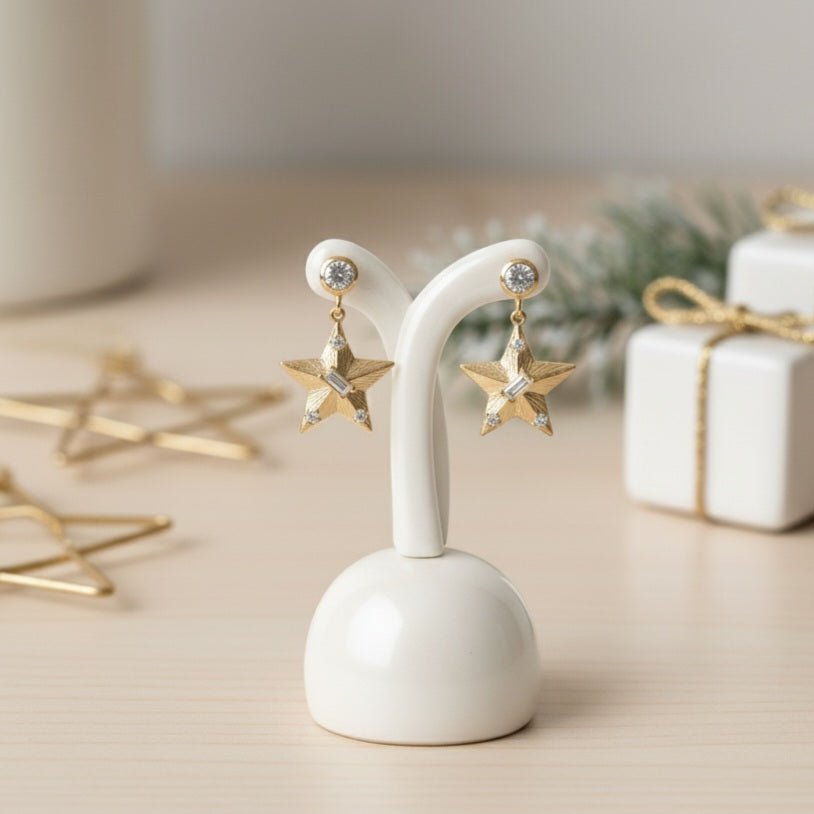 Stellare - Orecchini Stella Natale Artigianali Made in Italy - Acciaio Inox, Oro 18K e Zirconi - OE!