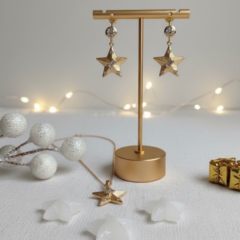 Stellare - Orecchini Stella Natale Artigianali Made in Italy - Acciaio Inox, Oro 18K e Zirconi - OE!