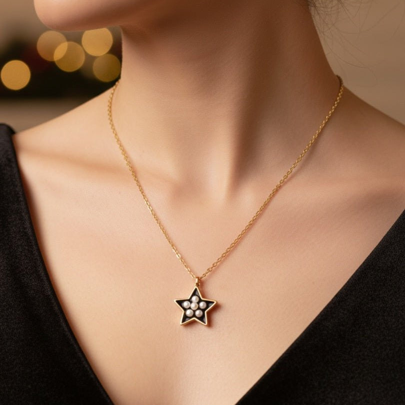 Stellisse - Collana Artigianale Made in Italy: Acciaio Inox Oro 18K, Stella &amp; Perle - Regalo Natale - OE!
