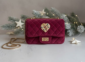 VELVET Luxe Bag Heart - Borsa a Tracolla in Velluto Artigianale Made in Italy - Catena e Spilla Gioiello con Cristalli - OE!