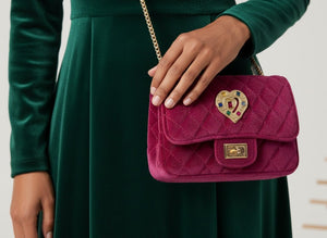 VELVET Luxe Bag Heart - Borsa a Tracolla in Velluto Artigianale Made in Italy - Catena e Spilla Gioiello con Cristalli - OE!
