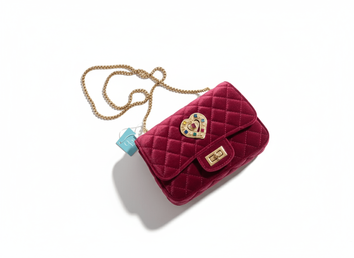 VELVET Luxe Bag Heart - Borsa a Tracolla in Velluto Artigianale Made in Italy - Catena e Spilla Gioiello con Cristalli - OE!