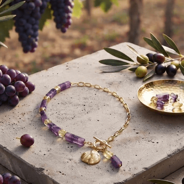 Vigneto collana artigianale placcata oro 18k con ametista e cristalli - OE!