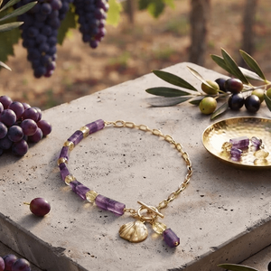Vigneto collana artigianale placcata oro 18k con ametista e cristalli - OE!