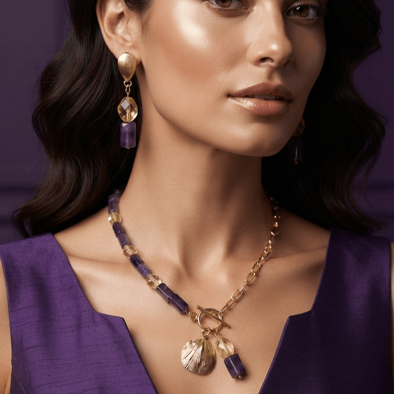 Vigneto orecchini artigianali placcati oro 18k con cristalli e ametista - OE!