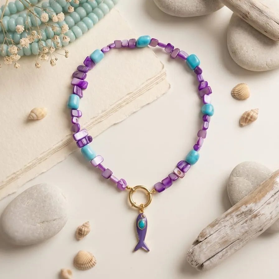 Violet reef collana con conchiglie viola e pasta turchese - OE!