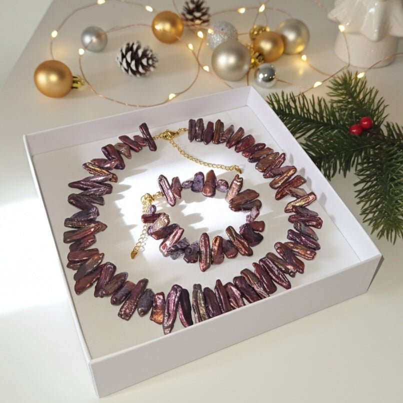 VIORYA Cofanetto Regalo Natale: Gioielli Artigianali Made in Italy - Collana e Bracciale in Perle di Fiume Barocche Viola - OE!