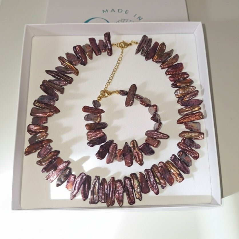 VIORYA Cofanetto Regalo Natale: Gioielli Artigianali Made in Italy - Collana e Bracciale in Perle di Fiume Barocche Viola - OE!