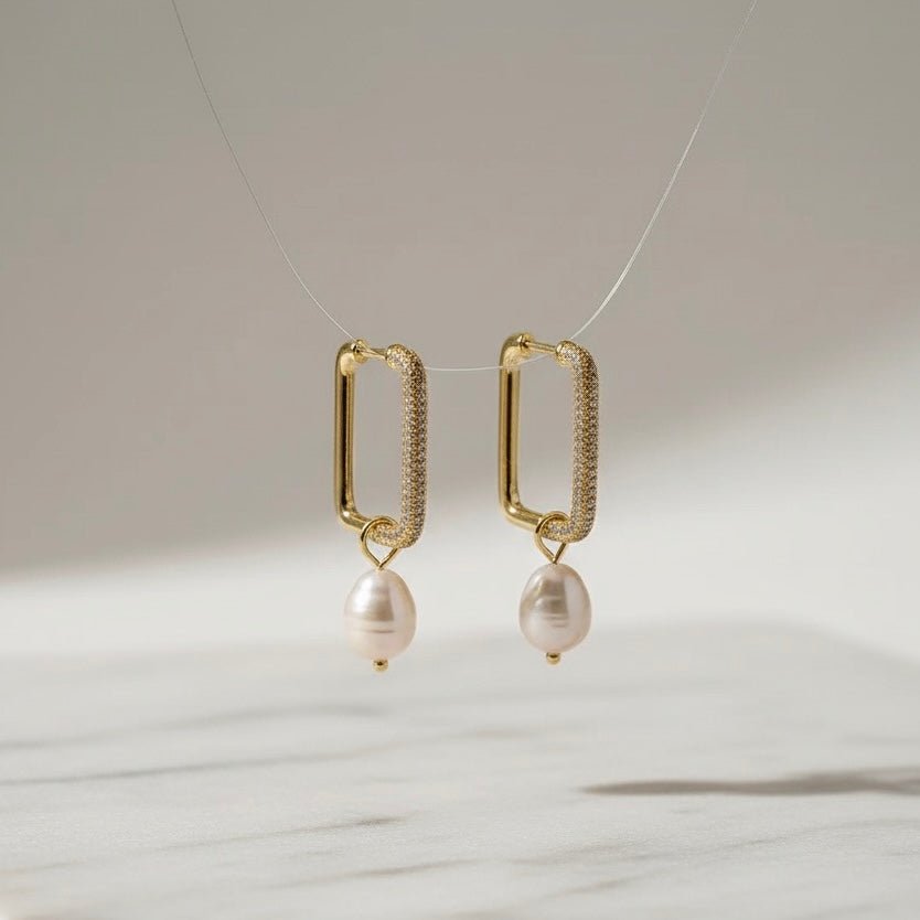 ZIRCONIA&amp;PERLA - Orecchini a cerchio rettangolari - OE!